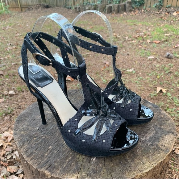 Christian Dior black Python and patent leather T strap ankle strap sandals 39 - Picture 2 of 16